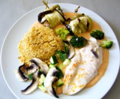 Rouleaux d'aubergine au poulet, sauce mousseline et boulgour-thermomix