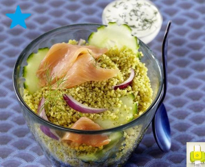 Taboulé-menthe-citron-au-saumon-fumé,-sauce-à-l'aneth